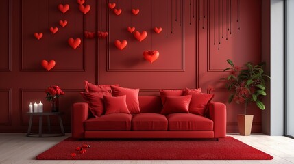 Valentine's Day home decor and a red sofa can be found in the interior room.