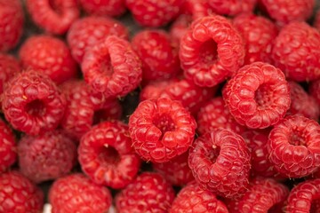 Close-up of a pile of juicy raspberries