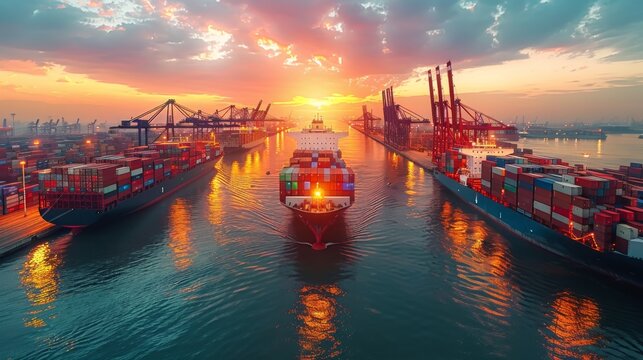 Busy Shipping Port at Sunset