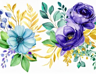 Watercolor floral bouquet illustration set - violet purple blue gold flower green leaf leaves...