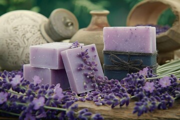 Handmade Lavender Soap Bars Set in a Serene Natural Environment