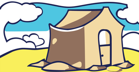 Obraz premium Vector of a house on a sandy beach on a cloudy day