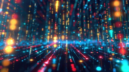 Naklejka premium Neon lights and binary code network depicting the movement of big data. Big data visualization