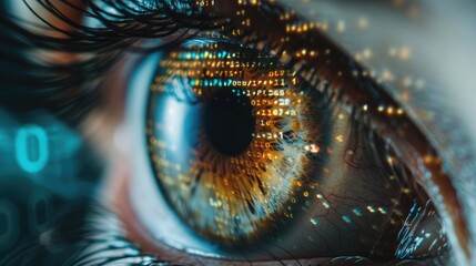 Eye with digital binary code and data visualizations in the iris, showcasing big data insights. Big data visualization