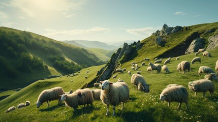 A photo of a herd of sheep grazing on a hillside - Powered by Adobe