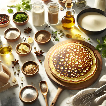 Lahoh Sourdough Pancake with Fresh Herbs on Marble Counter