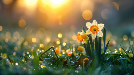 Beautiful flowers of daffodils narcissus glow in morni