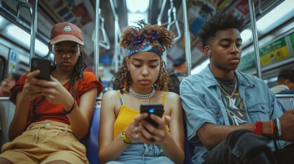 Multiracial Teenagers Using Smartphone on Busy Subway Train. Generative ai.