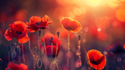 Beautiful flowers of poppies in evening light in natur