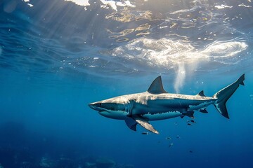 Fototapeta premium Swimming in the Blue Ocean: A Majestic White Shark