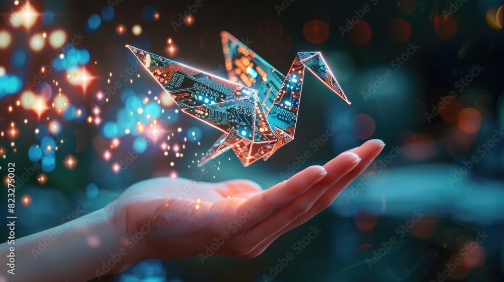 Wall mural Origami crane of circuitry and binary code in a hand, about to fly, illustrating the potential and elegance of data in reality. Big data visualization - Wall murals