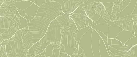 Botanical leaf line art wallpaper background vector. Luxury natural hand drawn foliage pattern design in minimalist linear contour simple style. Design for fabric, print, cover, banner, invitation.