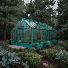 Turquoise-accented greenhouse amidst a variety of trees.

