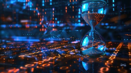 Hourglass with sand transforming into binary code, illustrating the transient nature of time in the age of big data. Big data visualization