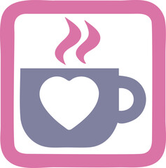 Vector of a cup of coffee with a heart symbol icon, isolated on a white background in a pink frame