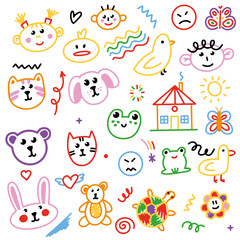 Cute kid scribble doodle icons set. Various icons such as hearts, stars, speech bubbles, arrows, lines. Hand drawn childish funny simple vector illustrations.