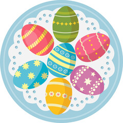Painted and decorated Easter eggs, decoration on plate. Traditional festive dish, top view. Flat vector illustration isolated on white background