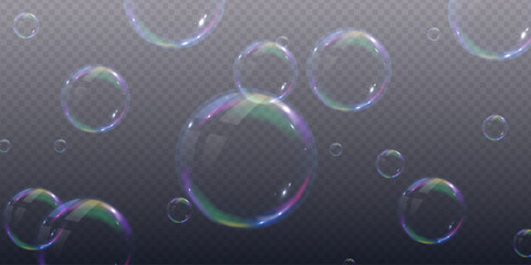 Realistic 3d soap bubbles with rainbow reflection. Bubbles are located on a transparent background. Vector flying soap bubble. Bubble Transparent realistic Water glass bubble