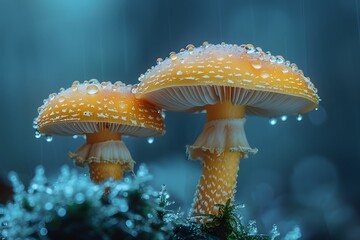Close-Up Rainy Forest Mushrooms with Water Droplets and Captivating Bluish Background - Nature Photography