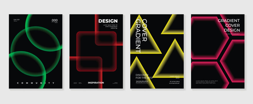 Abstract gradient poster background vector set. Minimalist style cover template with vibrant perspective 3d geometric prism shapes collection. Ideal design for social media, cover, banner, flyer. 