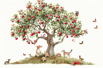 Whimsical illustration of an apple tree with animals, ideal for a nursery or child s room, combining playful elements with the charm of orchard life 