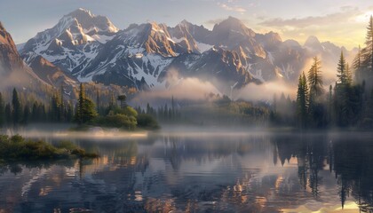 Majestic mountains and a tranquil lake at sunrise, enveloped in mist and fog, AI-generated.