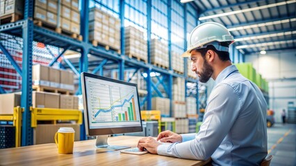 Supply Chain Analyst with Logistics Data: A supply chain analyst examining logistics data on a computer screen, emphasizing supply chain technology.
