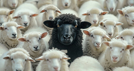 Concept of Management and standing out in a crowd. A black sheep in the middle of a sheep flock 