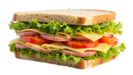 A close-up of a healthy ham and vegetable sandwich on white bread with fresh lettuce and tomato slices