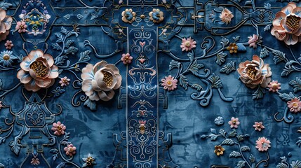 Ancient patterned fabric, Chinese elements, blue-gray color, rich details