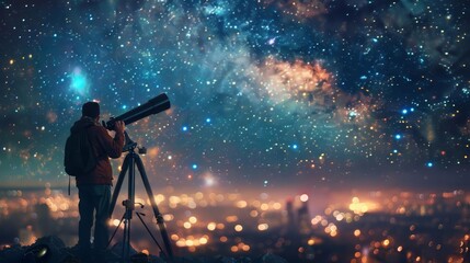 Fototapeta premium Depict a couple stargazing through a telescope on a rooftop, with the city lights twinkling below and the Milky Way visible above, Close up