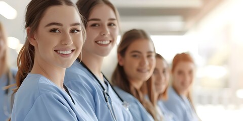 Obraz premium Nursing students training at college with medical colleagues smiling for camera. Concept Healthcare Education, Student Nurses, Medical Professionals, Smiling Group Photo, College Training