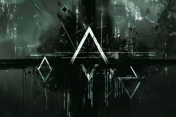 Monochrome majesty: A minimalist artwork featuring sharp-edged gray, white, and black triangles creates a sense of grandeur and explores the liberation themes of sacred geometry.