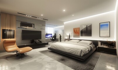 A modern industrious design bedroom with king bed. Concrete floor, LED light strip, abstract art