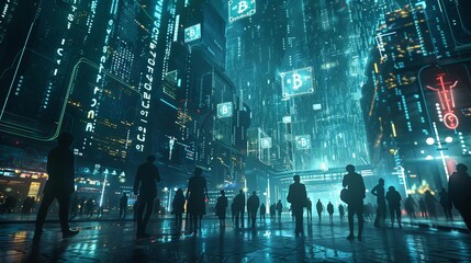 Fototapeta premium Depict a futuristic city where cryptocurrency is the primary medium of exchange, with people using digital wallets for everyday transactions, Close up