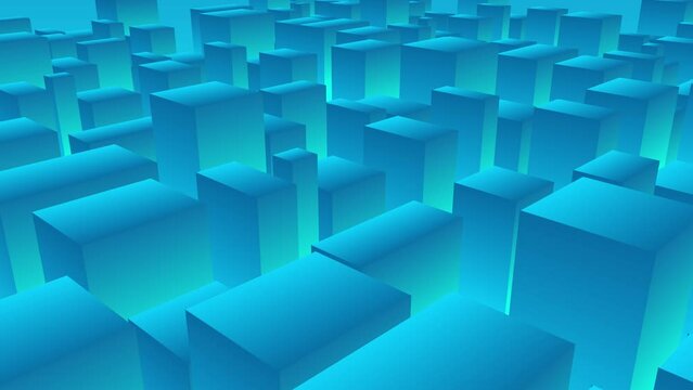 Abstract 3d cubes rectangles blue gradient minimal smart city with skyscrapers abstract background. High quality 4k footage