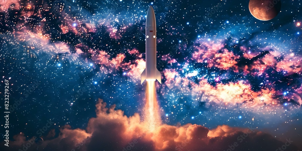 Poster abstract rocket in starry sky with points lines shapes resembling planets. concept space art, rocket