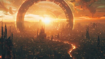 Fototapeta premium Depict a futuristic cityscape with a wormhole portal in the sky, allowing instant travel to distant planets, Close up