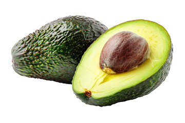 Portrait of a fresh Avocado and another half cut Avocado on its side isolated on a transparent background