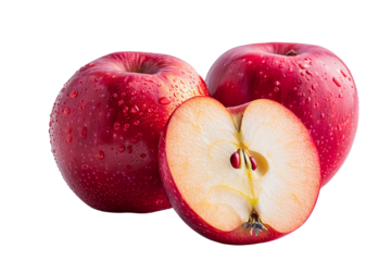 Portrait of fresh Apples and another half cut Apple on its side isolated on a transparent background
