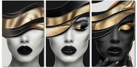Collection of modern surreal female art posters in black white and gold. Concept Surreal Art, Female Portraits, Black & White, Gold Accents, Modern Art