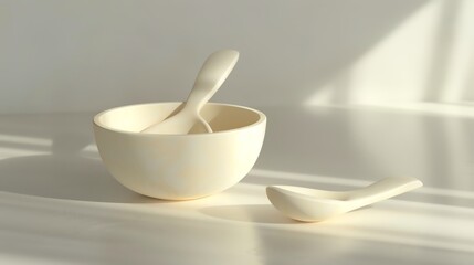 A detailed 3D render of a baby feeding spoon and bowl set