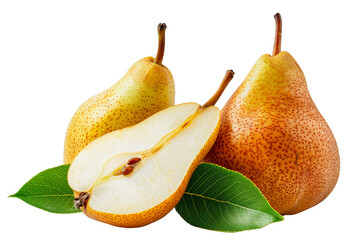 Portrait of a fresh Pears and another half cut pear on its side isolated on a transparent background