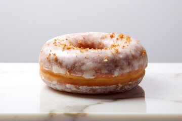 Refined doughnut on a marble slab against a white background