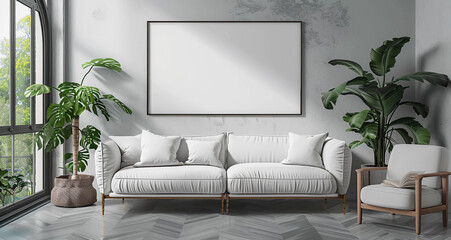 Interior of a house with a luxurious white sitting couch and a blank photo frame
