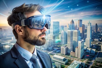 Fototapeta premium A city planner using AR glasses to visualize and design urban development projects in real-time, overlaying plans onto the actual landscape.