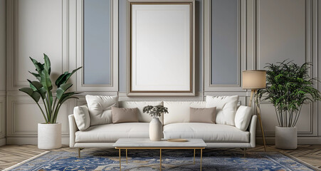 Interior of a house with a luxurious white sitting couch and a blank photo frame
