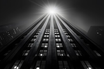 Urban Skyscraper Under Dramatic Night Sky - Architectural Design for Print, Poster, Card