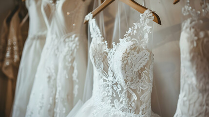 Closeup wedding dresses hanging on hanger in bridal shop boutique