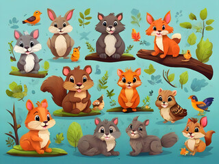 Fototapeta premium set of animals. cartoon, animal, dog, set, cat, vector, animals, pet, cow, illustration, cute, baby,Ai generated 